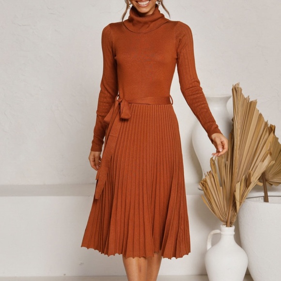 Pumpkin Orange Turtleneck Knit Belted Dress - Picture 2 of 16